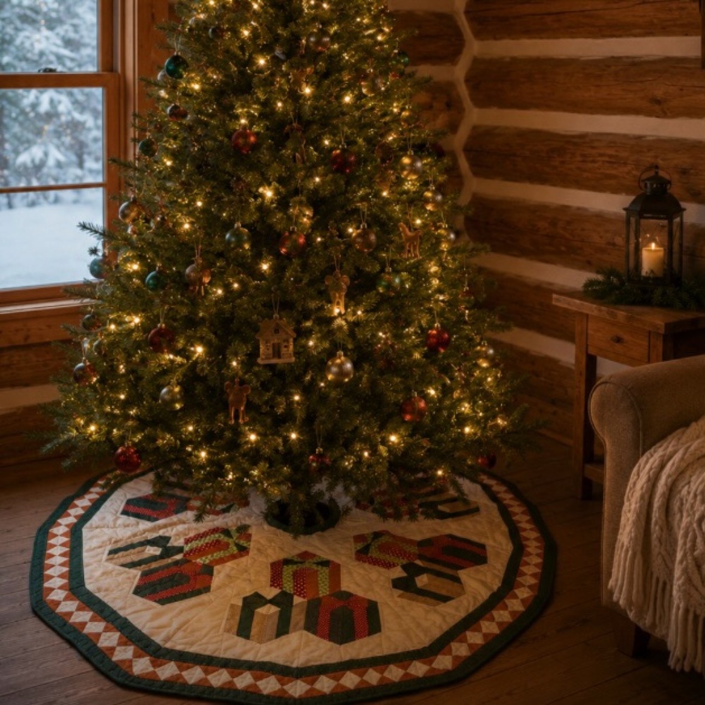 Quilted Holiday Tree Skirt with Green, Red and Cream Patchwork Design